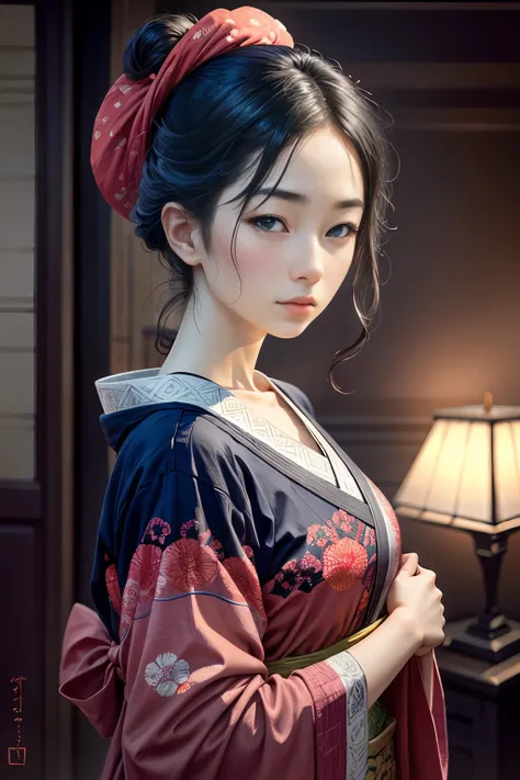 Ukiyo-e、woodblock print、woodblock print、Beautiful Japanese Woman、Utamaro、Detailed face、Beautiful Eyes、Elegant kimono、Intricate floral pattern、Delicate skin、Natural light、A calming color palette、Soft Focuasterpiece