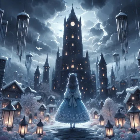 tall dark tower at the ends of the universe with a small frail japanese school girl standing in front of a great tower contain w...