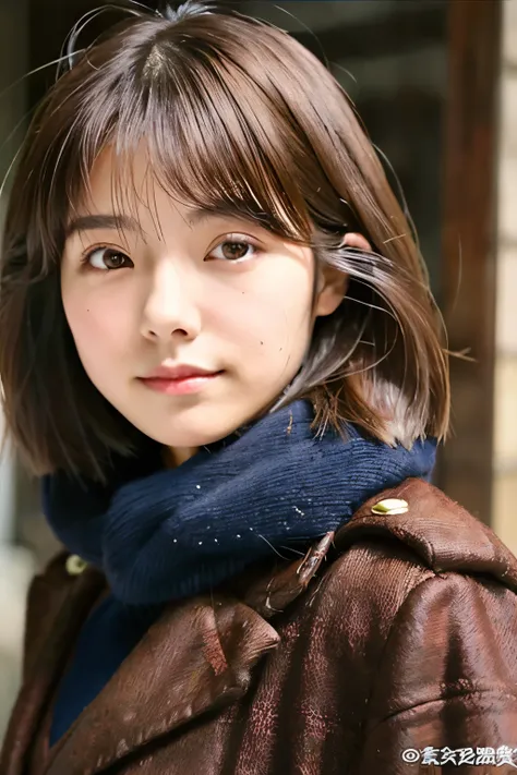 Japanese Girls,Narrow eyes,short hair,20-year-old、company、Brown Hair、coat、front