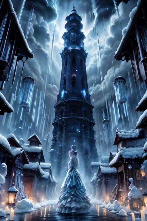 tall dark tower at the ends of the universe with a small frail japanese school girl standing in front of a great tower contain w...