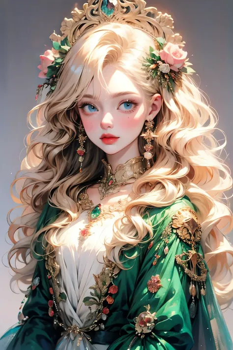 Beautiful portrait of queen, Blonde Hair, Perfect blue eyes, brilliant, impossible striking big Christmas headpiece, Clothes Santa Claus Robe, Everything Christmas, snow, Symmetrical, Drama Studio Lighting, Rococo, Baroque, Green vegetables, Asian, Surreal...