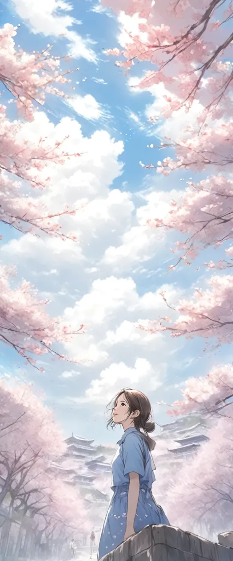 (PE pencil drawings:1.4), Clouds and blue sky、Spring sky and beautiful cherry blossoms、Landscape photo of vast cherry blossom trees、(A view from below of the sky and the wilderness below)、Girl looking up at blue sky、Draw a big picture of the sky、table top...