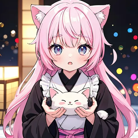 a lovely japanese cartoons girl with pink hair, black eyes, height 150cm, white cat ears, catwoman, lolita style, (best quality,...