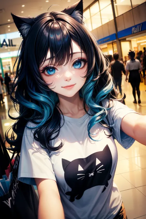 selfie, hair behind ear, makeup, dark blue hair, blue hair, black hair, blue and black gradient hair, messy hair, wavy hair, cat ears, long hair, blue eyes, mall, shopping centre, smile, breasts, tshirt