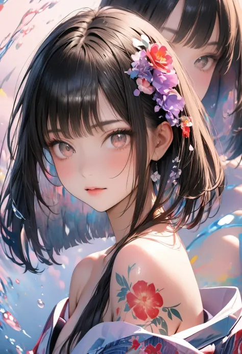 multiple exposure, raw photo:1.2, masterpiece, highest quality, 16k, unbelievably absurd, very detailed, perfect beauty, (modern kimono, bare shoulder), (water color style), (flower tattoos all over the body), beautiful cute girl, jet black bob cut, droopi...