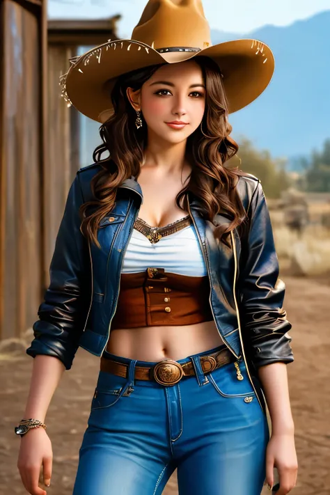 arafed woman in a cowboy hat and leather jacket posing for a picture, a sketch by Eugene Leroy, trending on cgsociety, fine art, cowgirl, western cowgirl, in the old west, beautiful cowboy witch, female cowgirl, cow-girl, old west, post - apocalyptic cowgi...