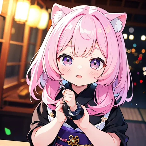 a lovely japanese cartoons girl with pink hair, black eyes, height 150cm, white cat ears, catwoman, lolita style, (best quality,...