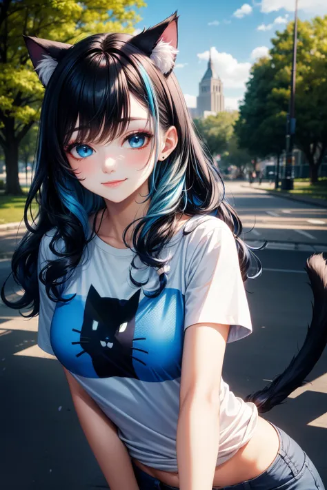 selfie, hair behind ear, makeup, dark blue hair, blue hair, black hair, blue and black gradient hair, messy hair, wavy hair, cat ears, long hair, blue eyes, park, trees, smile, breasts, tshirt