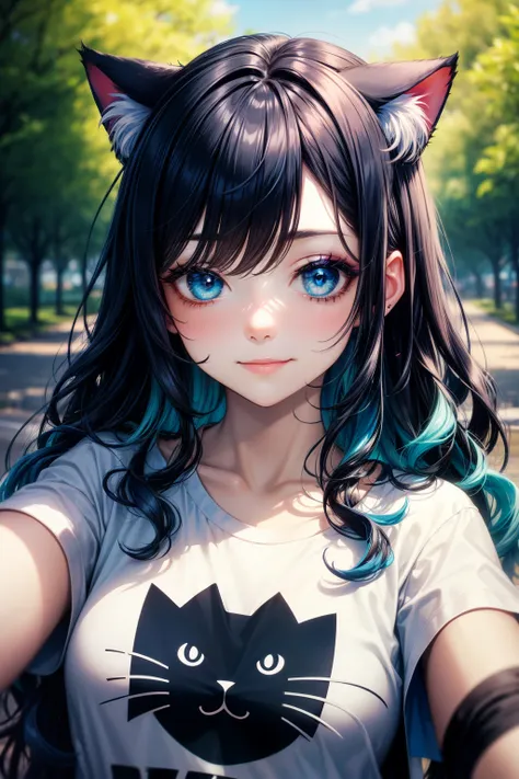 selfie, hair behind ear, makeup, dark blue hair, blue hair, black hair, blue and black gradient hair, messy hair, wavy hair, cat...