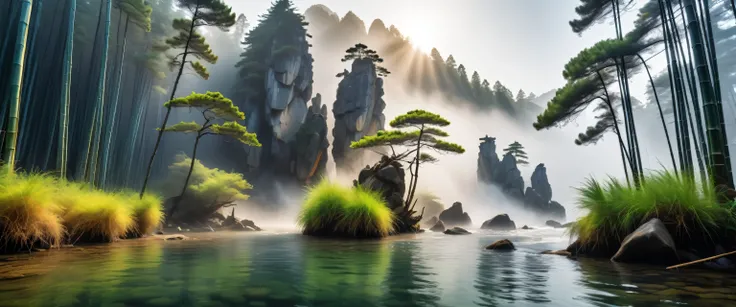 Black and White Photography，Stereoscopic photography，Large depth of field，High Definition，Scenery photography,National Geographic award-winning works,8k,George Digarakis，Cloud shadows and waves in the sky，Pine and bamboo in the water，（Running Water），Pine F...