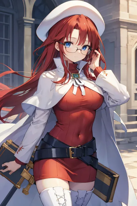 summonnightaty, aty, (young:1.3),long hair, blue eyes, red hair, large_beret, hat, glasses,
BREAK long hair, thighhighs, hat, dress, boots, glasses, belt, cape, sweater, zettai ryouiki, beret, thigh boots, white footwear, ribbed sweater, loose belt,solo,
B...