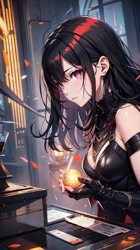 Highest quality、Highest quality、Masterpiece、girl((Metal body,Age 25、as soon as、Highest Bust、Medium Bust、Wide open chest、Red glowing eyes、Black Ear、Red Mesh、Disheveled Hair、Loincloth、thin、The best valley、Open chest、Luminous Wristbands、hair ornaments、Full bo...