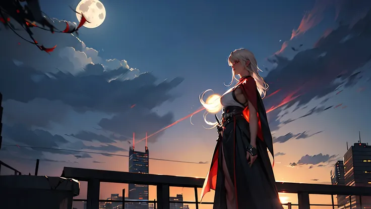 An anime girl with a katana stands on the edge of a tall rooftop, overlooking a sprawling city illuminated by neon lights. The full moon casts a silvery glow on her determined face, and her dark cloak billows in the night breeze. Below, the city buzzes wit...