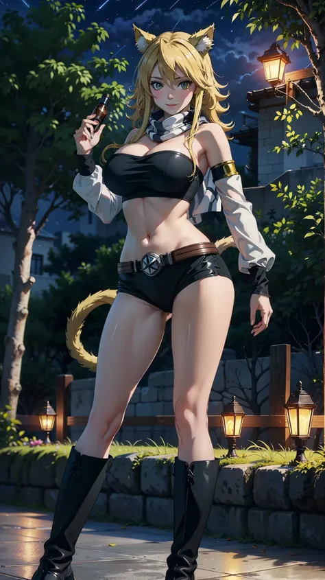 Masterpiece, ultra detail, high quality, 8k cg, blush, bright eyes, standing, outdoors, smile, (night:1.5), slim body, narrow waist, huge breast,leone, blonde hair, cat ears, strapless, detached sleeves, boots, scarf, belt, tail, midriff, large breasts