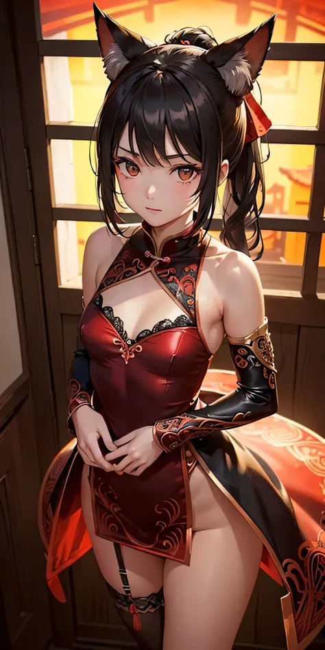 (((professional: Step by step, taking into account even the smallest detail, God-level final result, all intricate details, cowboy shot, solo 1girls))): "1 fox girl, ruby eyes, fox ears, fox tail, high ponytail, smug, cute, black china dress, side full bod...