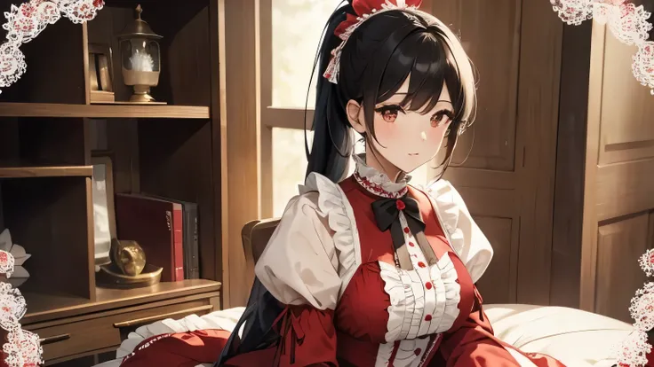 A beautiful woman wearing a red and white sweet lolita dress with lots of frills and lace　Long sleeve　Black hair ponytail with hair ornament　Upper Body