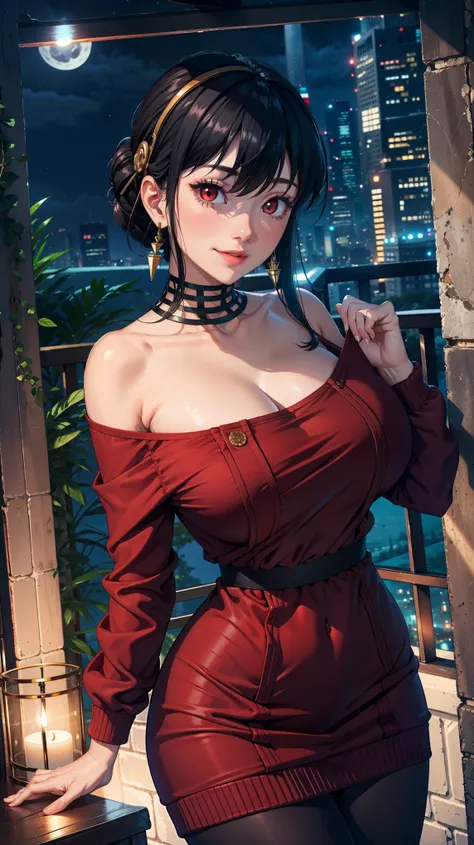 Masterpiece, ultra detail, high quality, 8k cg, blush, bright eyes, standing, outdoors, smile, (night:1.5), slim body, narrow waist, huge breast,yor briar, long hair, black hair, red eyes, off shoulder, red sweater dress, pantyhose, earrings