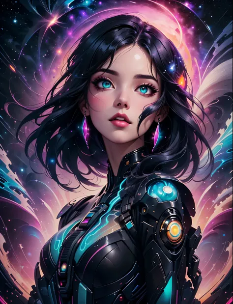 a woman with a black hair and a black top is standing in front of a galaxy, beeple and jeremiah ketner, artgerm julie bell beepl...