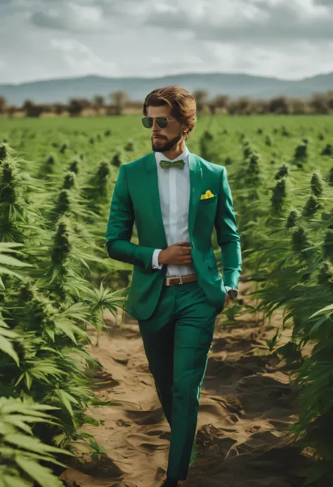 a young man in a cannabis field, colorful clothing, beautiful features, vibrant solid colors, high quality, photorealistic