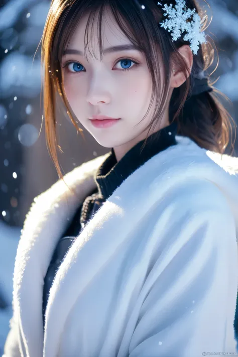 (8k, best quality, masterpiece:1.2), ultra-detailed, Masterpiece, realistic lighting,masterpiece, best quality, masterpiece, official art,extremely detailed CG unity 8k wallpaper,beautiful detailed eyes, light on face, 1girl, Upper body, snowstorm backgrou...