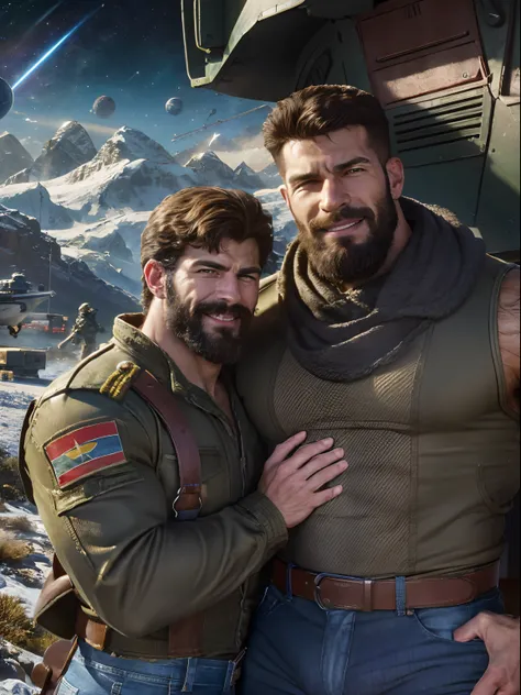 Two muscular Soviet Union soldiers on vacation, corpo peludo, macho alfa, huge biceps, Abs rasgado, cabelo desgrenhado, jeans, Porto espacial de montanha com naves estelares, hug together, sorriso, 4k, altamente detalhado, lindo, Middle Ages, Era das Treva...