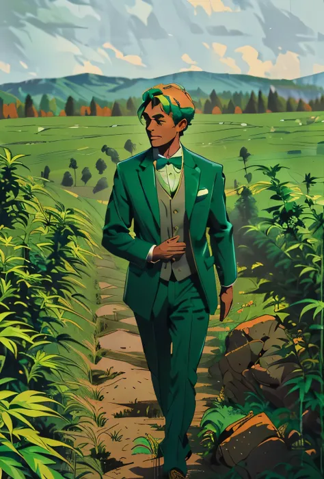 arafed man in a green suit and bow tie walking through a field of marijuana, wearing green suit, sitting in a field of cannabis, green suit and bowtie, wearing green clothing, wearing green, wearing a colorful mens suit, green clothing, field of marijuana,...