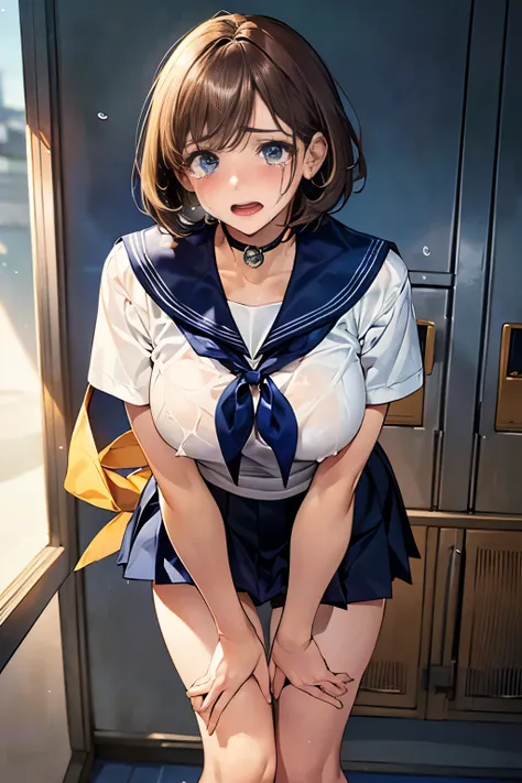 Browsing Caution,(((Perfect Anatomy, Anatomically correct, Very detailedな肌))), 1 girl, Japanese, high School girl, Shiny skin, Observe the audience, ((Back view, From below)), Beautiful Hair, Beautiful Face, Beautiful details, (short hair:1.1, Bobcut:1.2),...