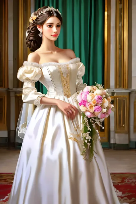 bride in a white dress holding a bouquet of flowers in a room, a photorealistic painting inspired by Franz Xaver Winterhalter, tumblr, rococo, puff sleeves, beautiful and elegant, beautiful detailed elegant, romantic gown, ribbons and flowers, exquisite an...