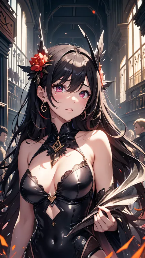 Highest quality、Highest quality、Masterpiece、girl((Metal body,Age 25、as soon as、Highest Bust、Medium Bust、Wide open chest、Red glowing eyes、Black Ear、Red Mesh、Disheveled Hair、Loincloth、thin、The best valley、Open chest、Luminous Wristbands、hair ornaments、Full bo...