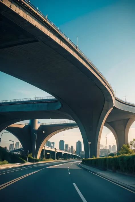 Futuristic city architecture，There are viaducts, sky and cars