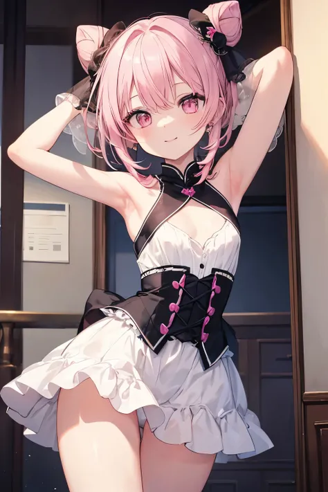 Pink Hair、Pink Eyes、girl、Small breasts、Hair Bun、girl、Small breasts、Lolita、Bright smile、Looks about 15 years old、Petan Musume、He is short、目のhighlight、Sexy thighine-based costumes、Show your armpits、Your eyes are so beautiful、highlight