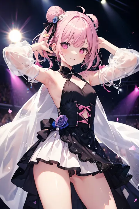 Pink Hair、Pink Eyes、girl、Small breasts、Hair Bun、girl、Small breasts、Lolita、Bright smile、Looks about 15 years old、Petan Musume、He is short、目のhighlight、Sexy thighs、Idol、Mine-based costumes、Show your armpits、Your eyes are so beautiful、highlight