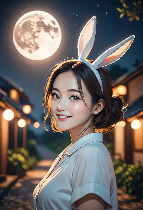 (best quality, masterpiece, highres:1.2), detailed, a happy woman, with Rabbit Ears, full moon, bright light, depth field, cinematic, film grain,