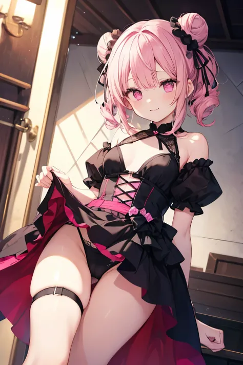 Pink Hair、Pink Eyes、girl、Small breasts、Hair Bun、girl、Small breasts、Lolita、Bright smile、Looks about 15 years old、Petan Musume、He is short、目のhighlight、Sexy thighs、Idol、Mine-based costumes、Your eyes are so beautiful、highlight