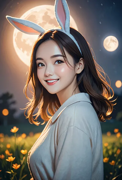 (best quality, masterpiece, highres:1.2), detailed, a happy woman, with Rabbit Ears, full moon, bright light, depth field, cinematic, film grain,