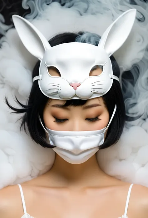 a front-view photograph. the smoke, resembling a rabbit's face, covers the eye area like an eye mask on the face of a female mod...