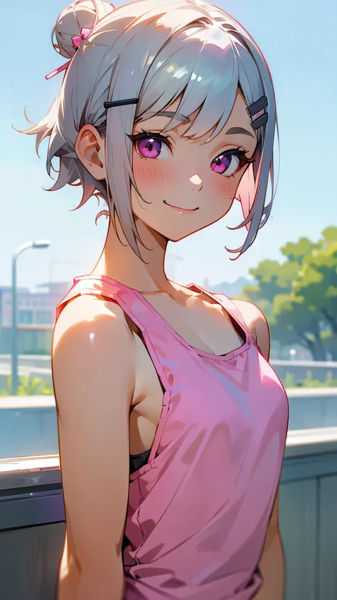 1girl、Short silver bob hair tied in a bun with a hair clip, Pink Eyes、smile、really like、Pink tank top、hot pants、Upper body close-up、Morning Cafe Terrace、Background blur, Written boundary depth