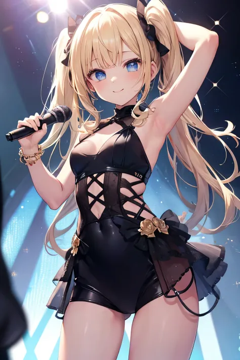 Blonde、Blue Eyes、girl、Small breasts、Twin tails、girl、Small breasts、Lolita、Bright smile、Looks about 15 years old、Petan Musume、He is short、目のhighlight、Sexy thighs、Idol、Sing with a microphone、Mine-based costumes、Showing armpits、Your eyes are so beautiful、highl...