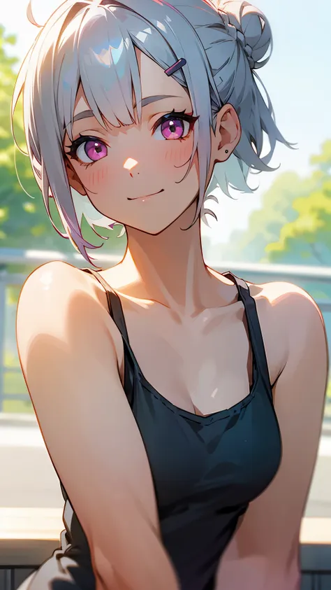 １girl、short silver bob hair tied in a bun with a hair clip, pink eyes、smile、really like、tank top、upper body close-up、morning caf...