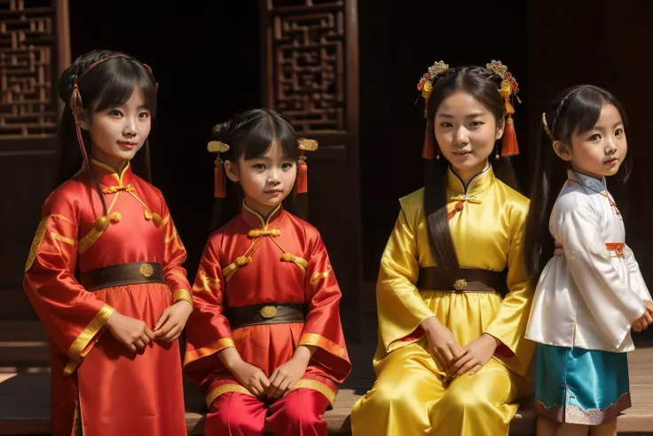 China, 1490. A young ((((29-year-old)) Tan Yunxian)), with her daughters, three little girls, ((((chinese clothings from the 1490s)))), ((hairstyle of the 1490s)), ((colorful, luminous))