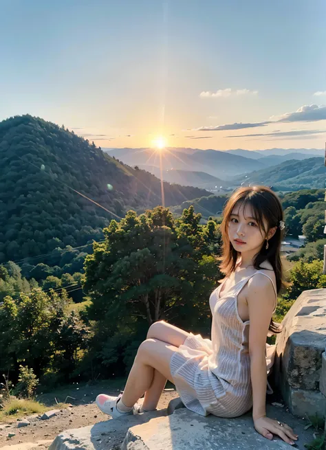 Woman sitting on a mountain top watching the sunset、Lens flare、I can see the sun setting、（（Small earrings、It&#39;s evening、Birds are flying too、、Brown Hair Color、Tie your hair up、The woman is on the right、Background with a Cessna plane flying in the sky:1....