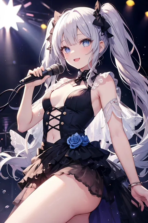 Silver Hair、Blue Eyes、girl、Small breasts、Twin tails、girl、Small breasts、Lolita、Bright smile、Looks about 15 years old、Petan Musume、He is short、目のhighlight、Sexy thighs、Idol、Sing with a microphone、Mine-based costumes、Your eyes are so beautiful、highlight