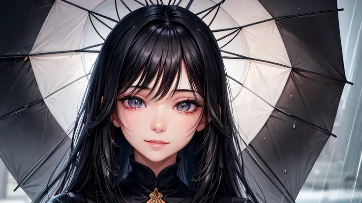 A gentle smile、woman、Beautiful black hair、Rain in the city,rain,Umbrella bearer々,Ultra-high resolution, Accurate, Super detailed, Textured skin, High detail, highest quality, 8k,Long black hair, Detailed Hair,Detailed eyes,Focus on the face,