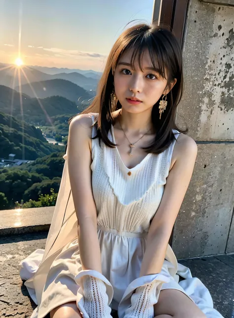 Woman sitting on a mountain top watching the sunset、The shining sun is very beautiful、Dusk Comes、Lens flare、I can see the sun setting、（（Small earrings、It&#39;s evening、Birds are flying too、、Brown Hair Color、Tie your hair up、The woman is on the right、Backgr...