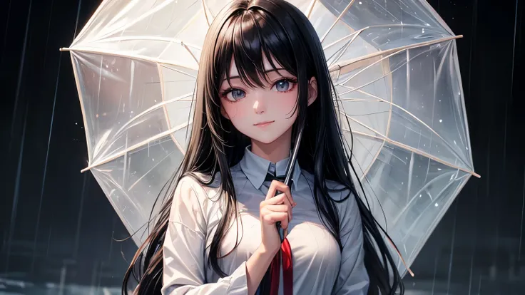 A gentle smile、woman、Beautiful black hair、White shirt,rainに濡れて少し透けた服,rainのビル街,rain,Umbrella bearer々,Ultra-high resolution, Accurate, Super detailed, Textured skin, High detail, highest quality, 8k,Long black hair, Detailed Hair,Detailed eyes,Focus on the f...