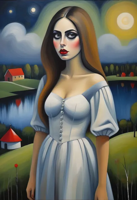 ((George-Condo style)) (Cute young attractive girl, Strong Gothic Makeup) a village by the lake and a white birch forest and an apple orchard, a starry night, ((George-Condo style!!!)), Gloomy foggy atmosphere, surrealism, The absurdity of cuteness, attrac...