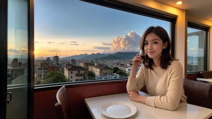 (highest quality、8k、masterpiece:1.3)、Beautiful woman with perfect figure:1.4、Dark brown hair、Wine Party、2 people、Knit dress、Highly detailed face and skin、Fine grain、double eyelid、Huge Mile、30th generation、Sex Appeal、Wine glass on the table、Facial lighting、...