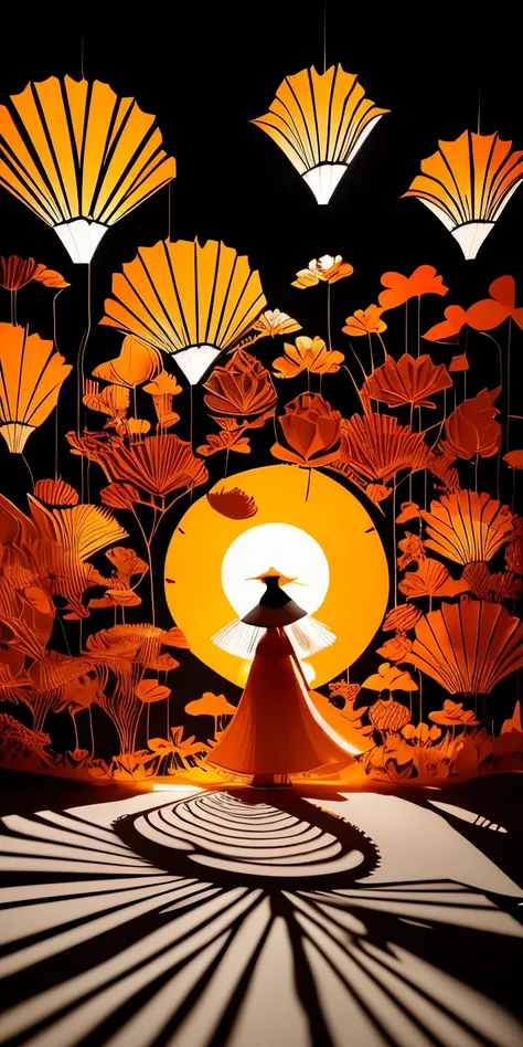 fusion of paper cutting and shadow puppetry, best quality, super fine, 16k, incredibly absurdres, extremely detailed, delicate and dynamic, orange in color, orange gradation, beautiful womans back, large white hat with brim, white lace long dress, flutteri...