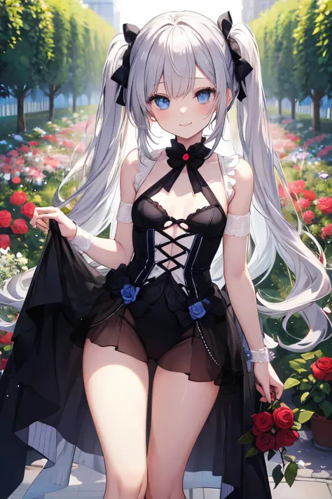 Silver Hair、Blue Eyes、girl、Small breasts、Twin tails、girl、Small breasts、Lolita、Bright smile、Looks about 15 years old、Petan Musume、He is short、目のhighlight、Sexy thighs、Rose Garden、Colorful roses in abundance、Mine-based costumes、Your eyes are so beautiful、high...