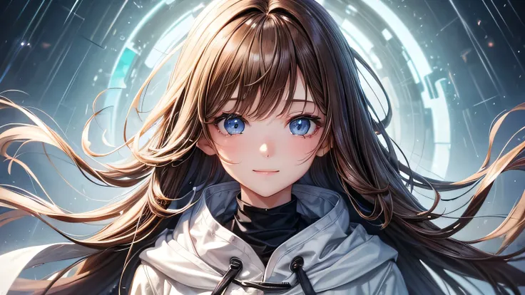 A gentle smile、woman、Beautiful long brown hair、White hoodie,Clothes that are wet from the rain and slightly transparent,Rain in the city,rain,Weather,Ultra-high resolution, Accurate, Super detailed, Textured skin, High detail, highest quality, 8k, Detailed...